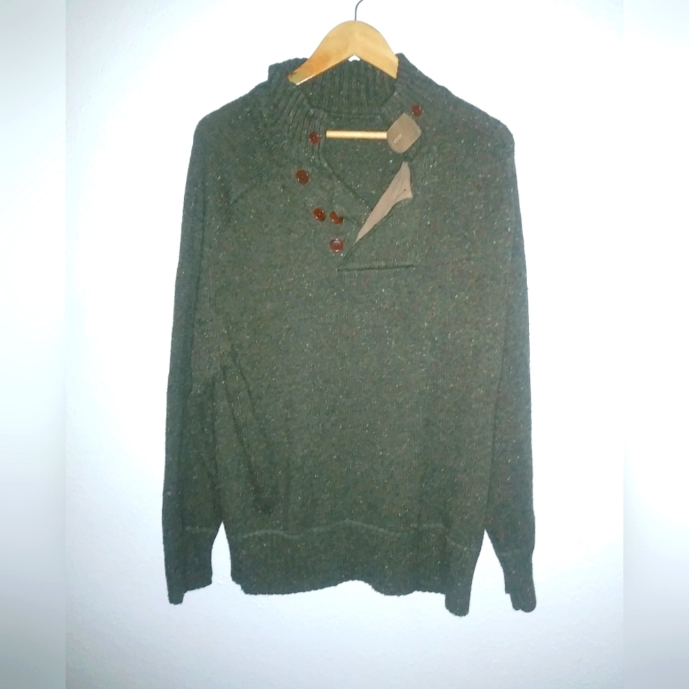 Orvis XL Mens Shawl Collar Button Neck Tweed Pullover Sweater Army Green Brown